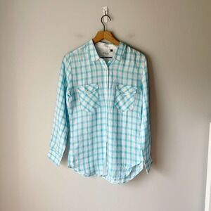 Raffi Women's White Blue 100% Linen Button Down Blouse Size Medium M